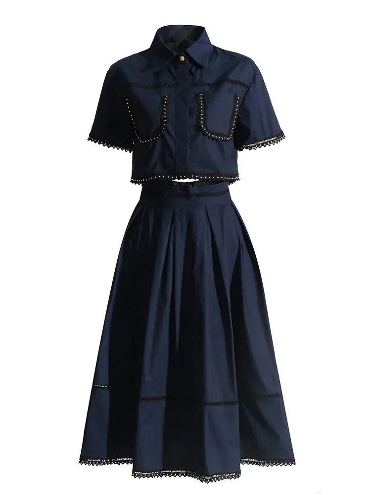 Set  Lapel Short Sleeve Top High Waist Line Skirt