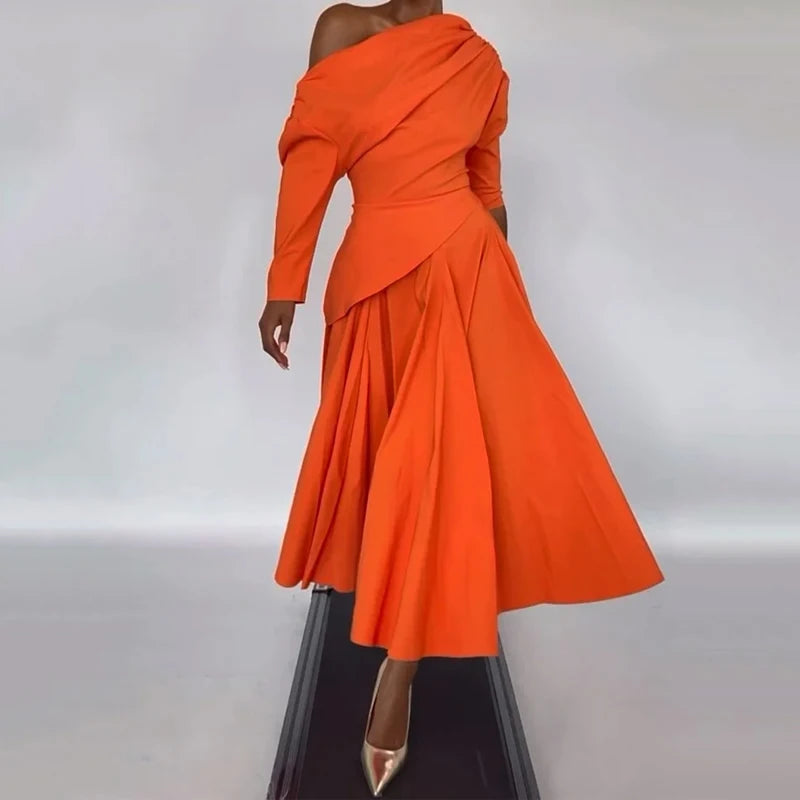 Orange Pleated One-Shoulder Dress