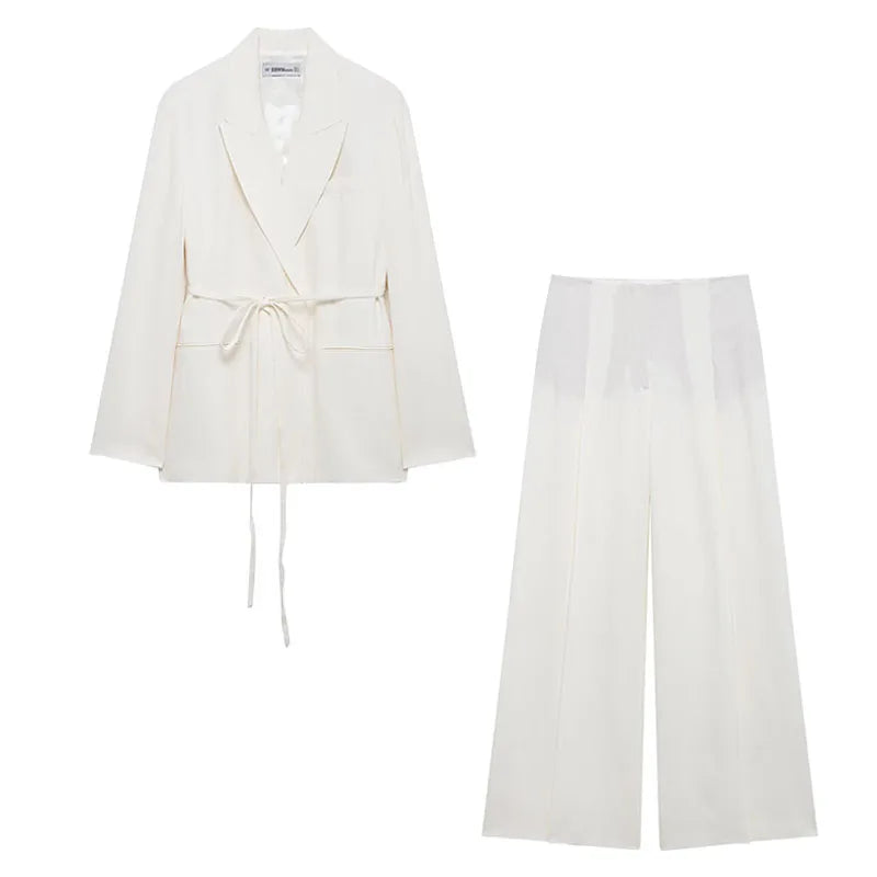 Long Sleeves Lace-Up Blazers & High Waist Zipper Long Pants