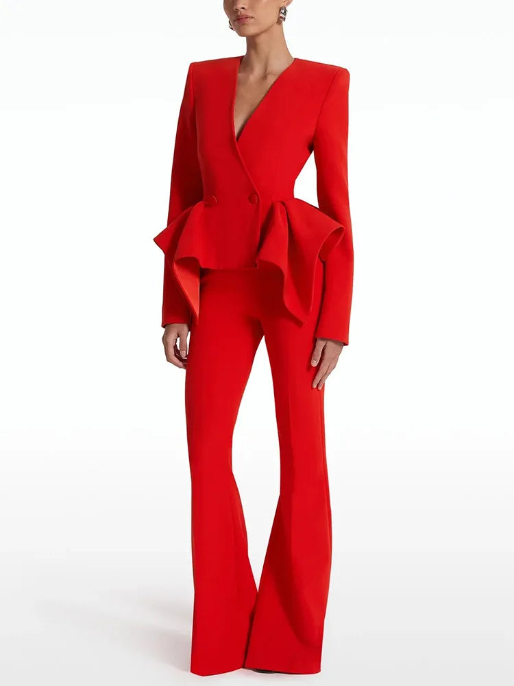Sets V Neck Irregular Coat High Waist Pants
