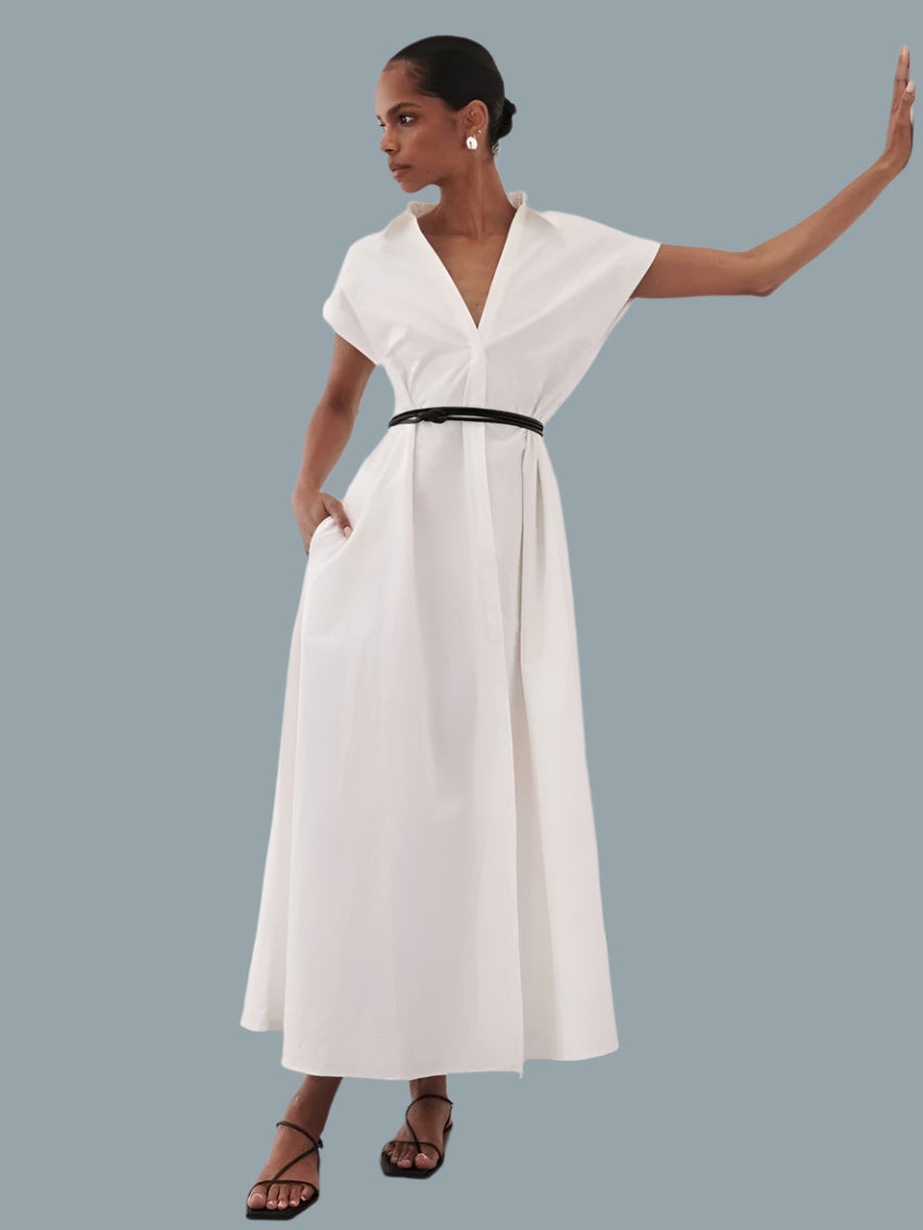 White Cotton Lapel Dress