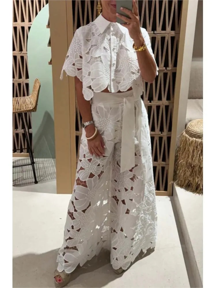 Laced Shirt & Wide-leg Pants