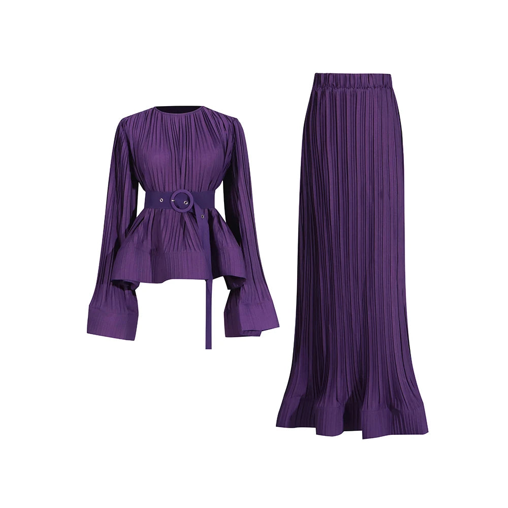 O Neck Spliced Ruffles Tops High Waist Skirt