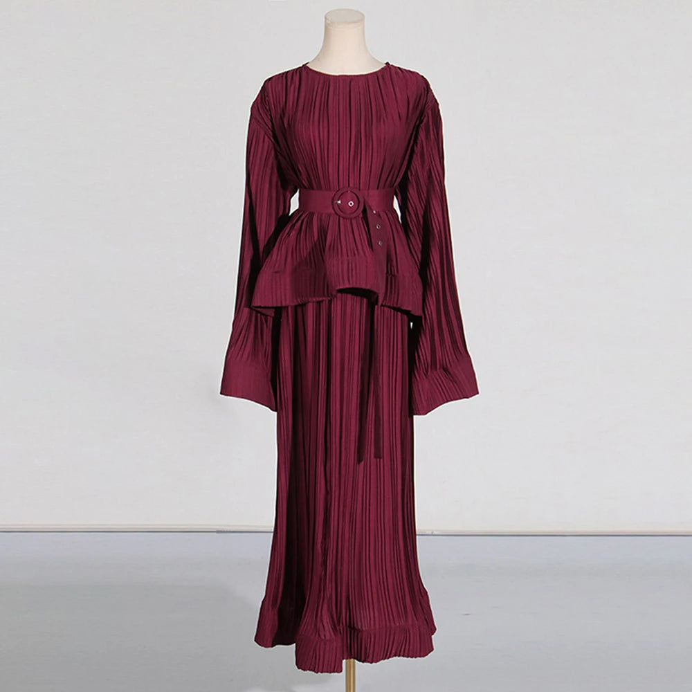 O Neck Spliced Ruffles Tops High Waist Skirt