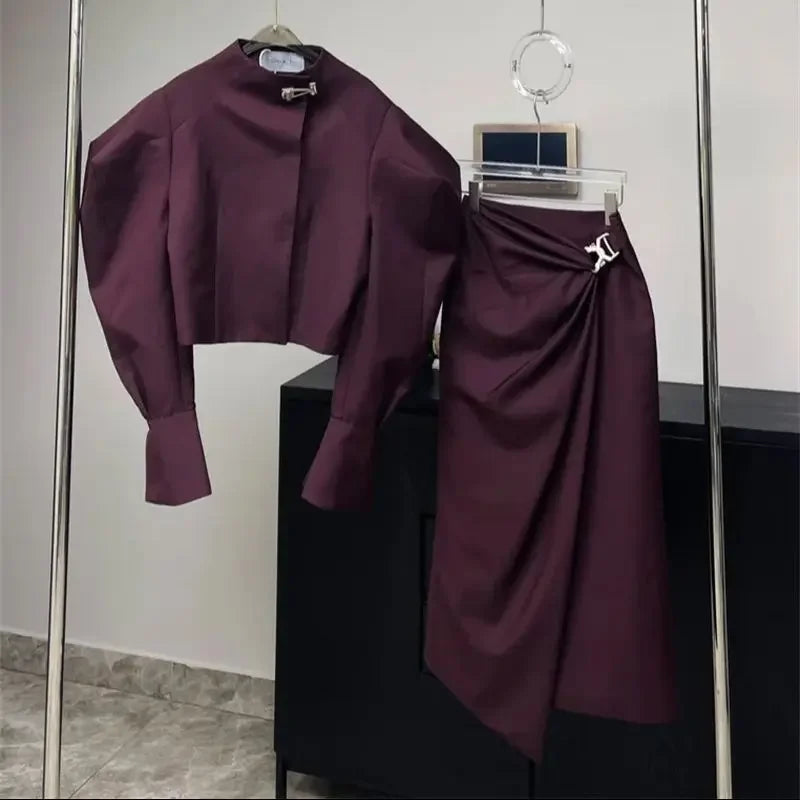 Solid Jacket + Fold Long Skirt