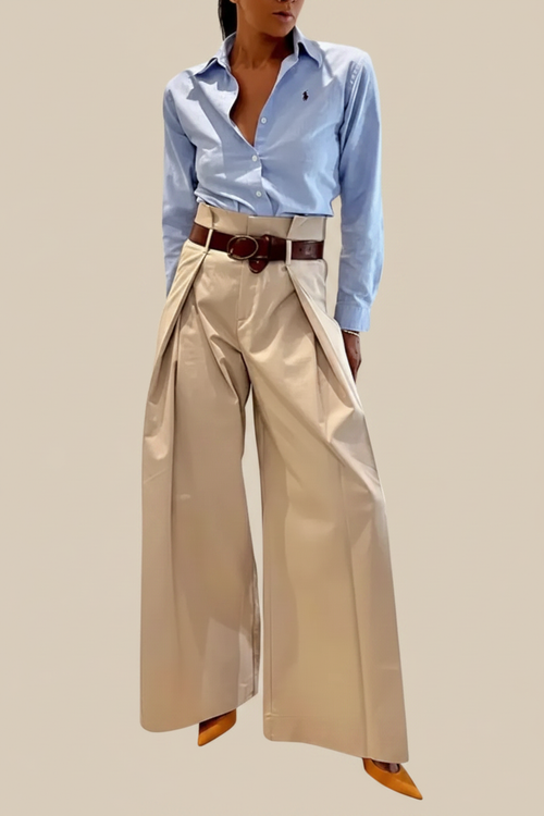 Apricot Pleated Pants — Beige Background, Model Unchanged