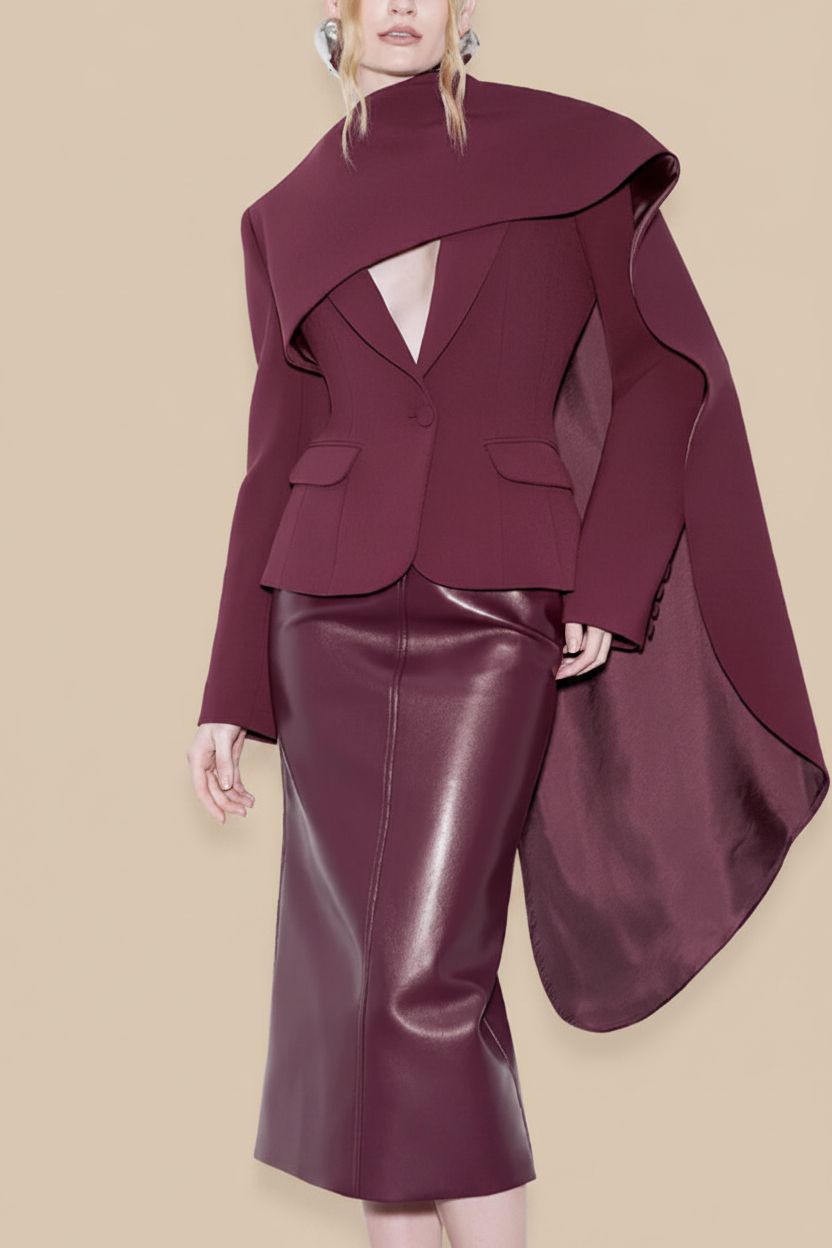 Burgundy Blazer — Solid Beige Background