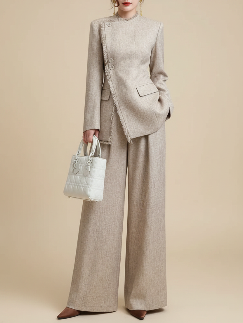 Fringed Casual Suit Set — Beige Background