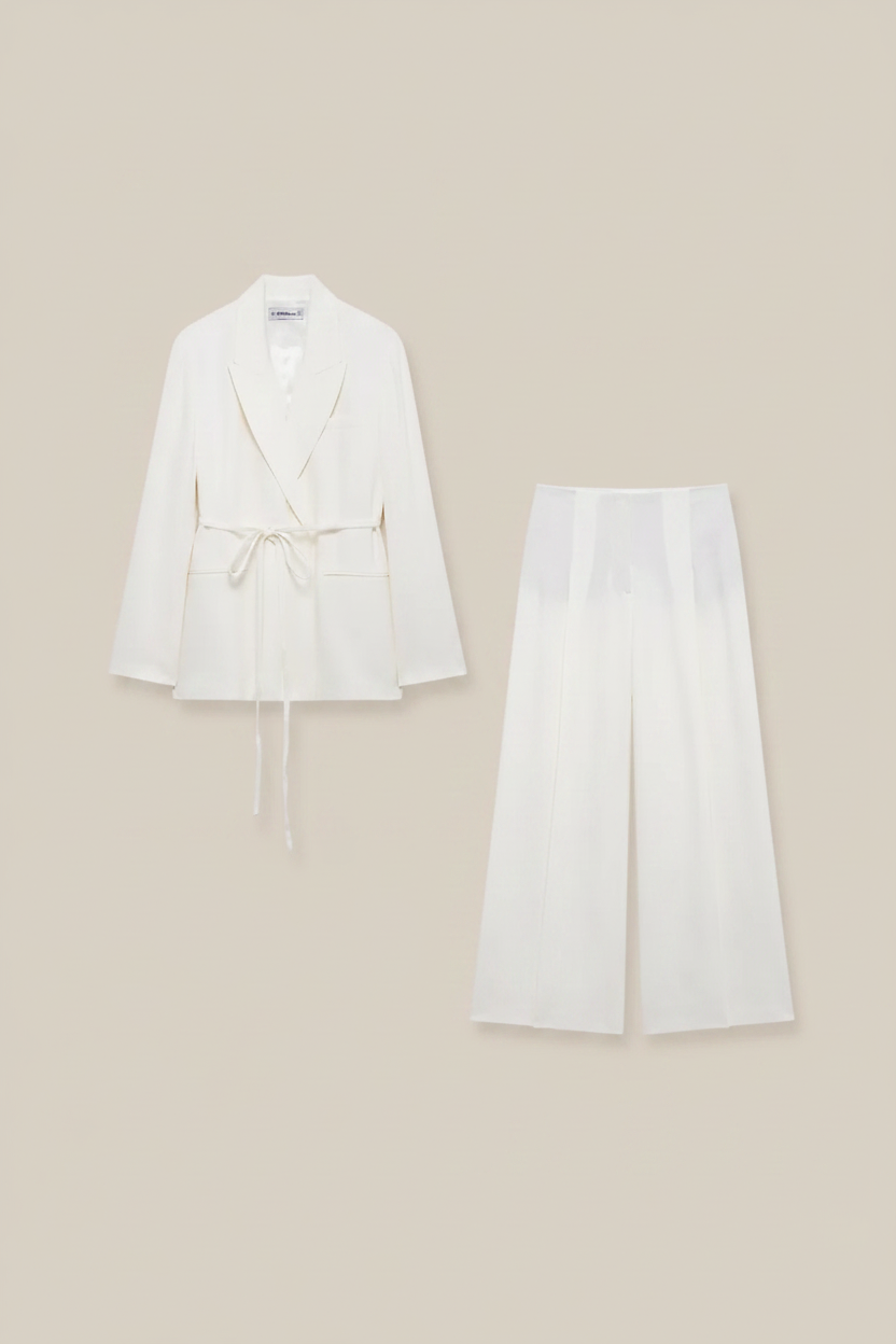 White Lace-Up Blazer & Wide-Leg Pants Set — Beige Background