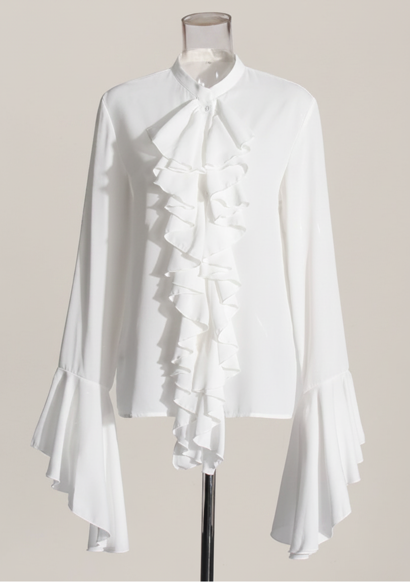 White Ruffle Blouse — Solid Beige Background