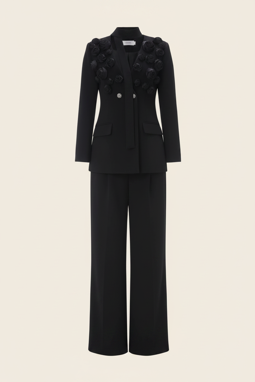 Women's Black Floral Appliqué Blazer & Wide-Leg Pants Set — Beige Background