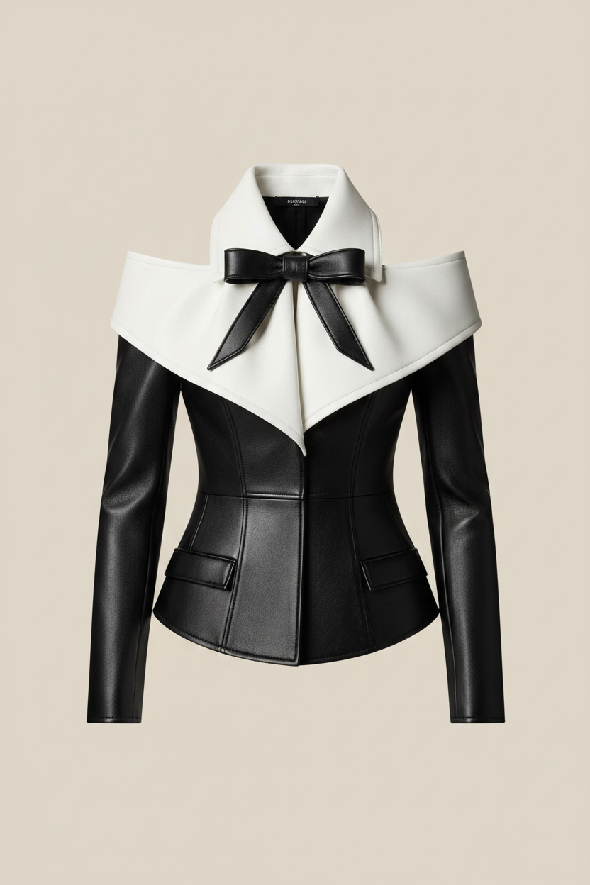 Women's Black Off-Shoulder Bow Leather Shirt — Beige Background