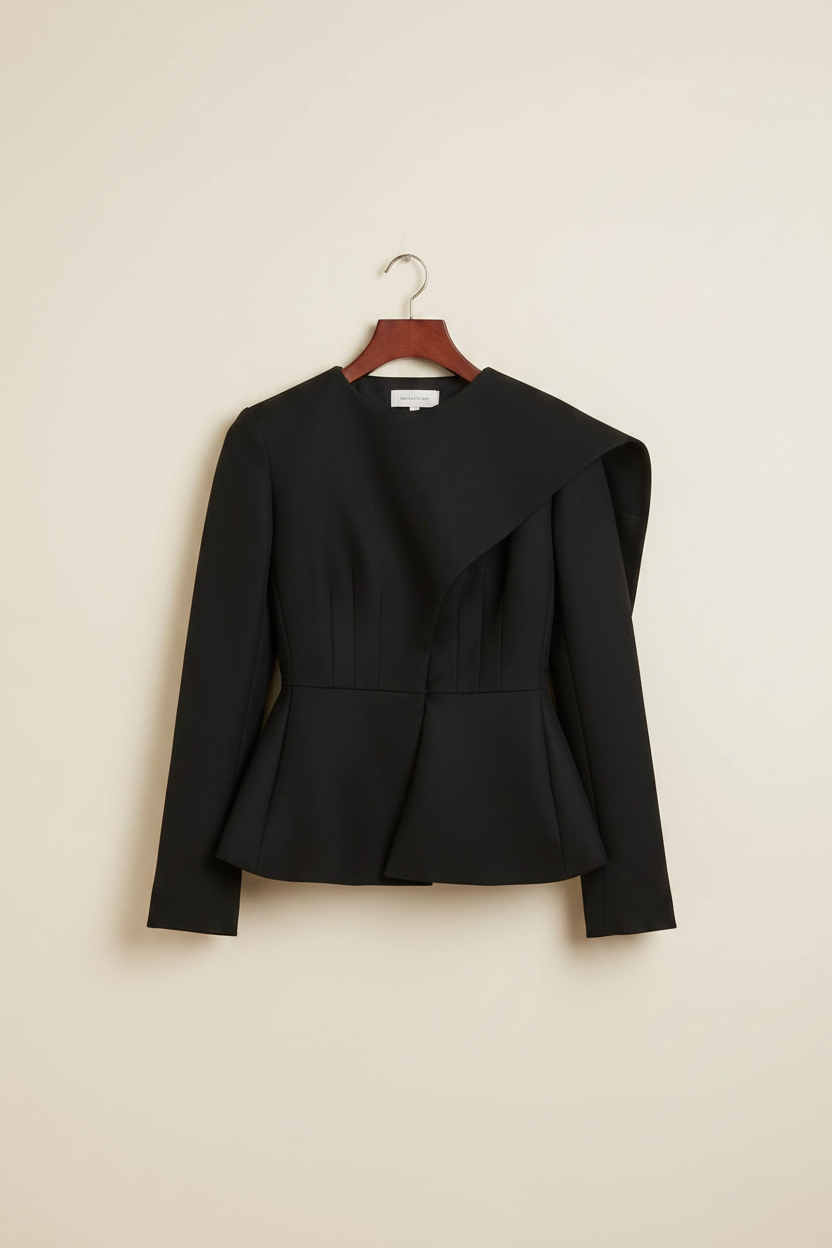 Women's Black Peplum Blazer — Beige Background