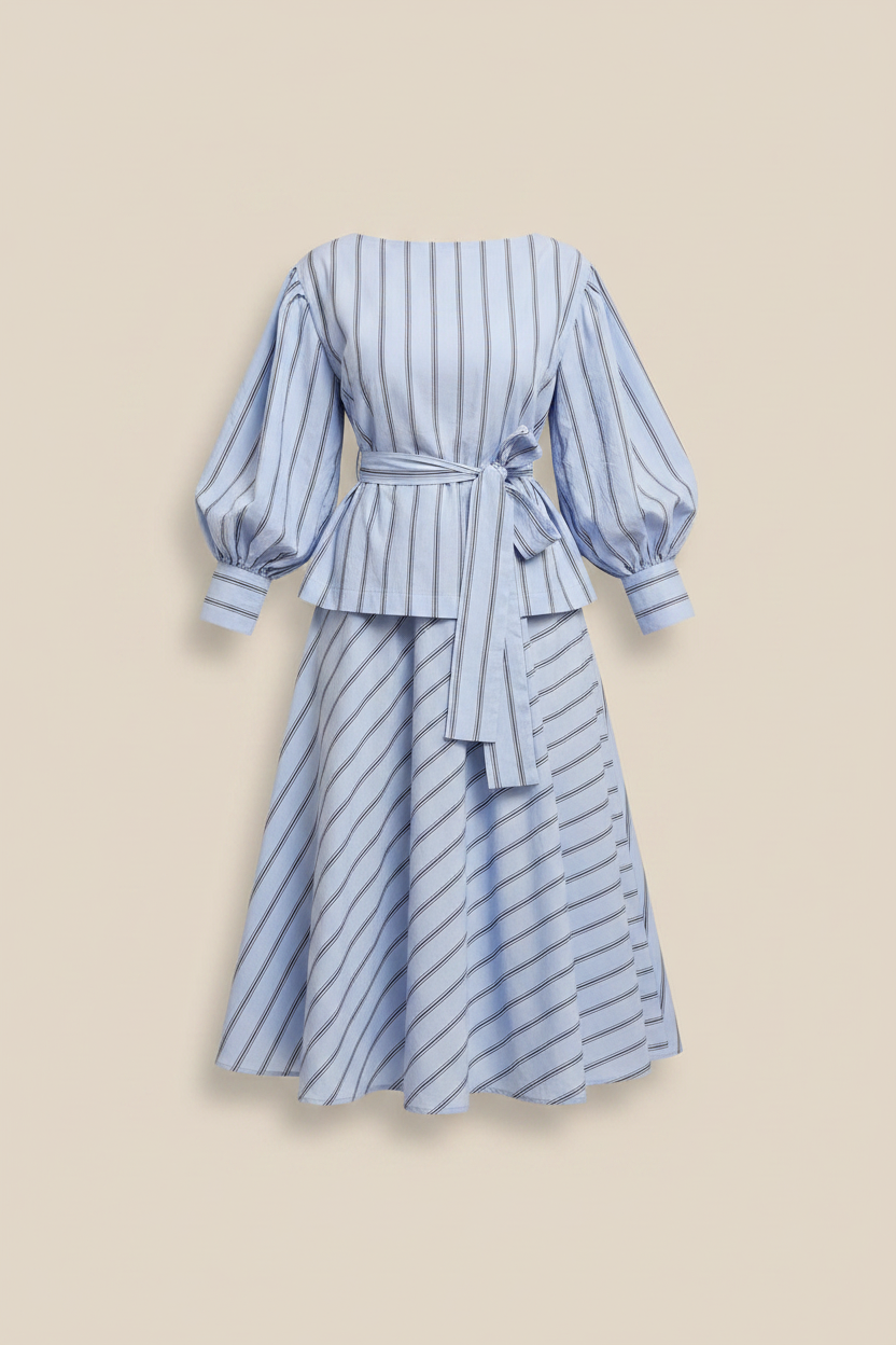 Women's Blue Striped 2-Piece Set — Beige Background