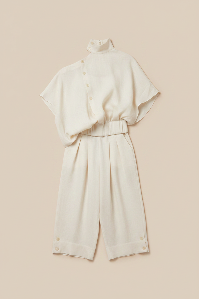 Women's Cream Wide-Leg & Cold Shoulder Set — No Model, Beige Background