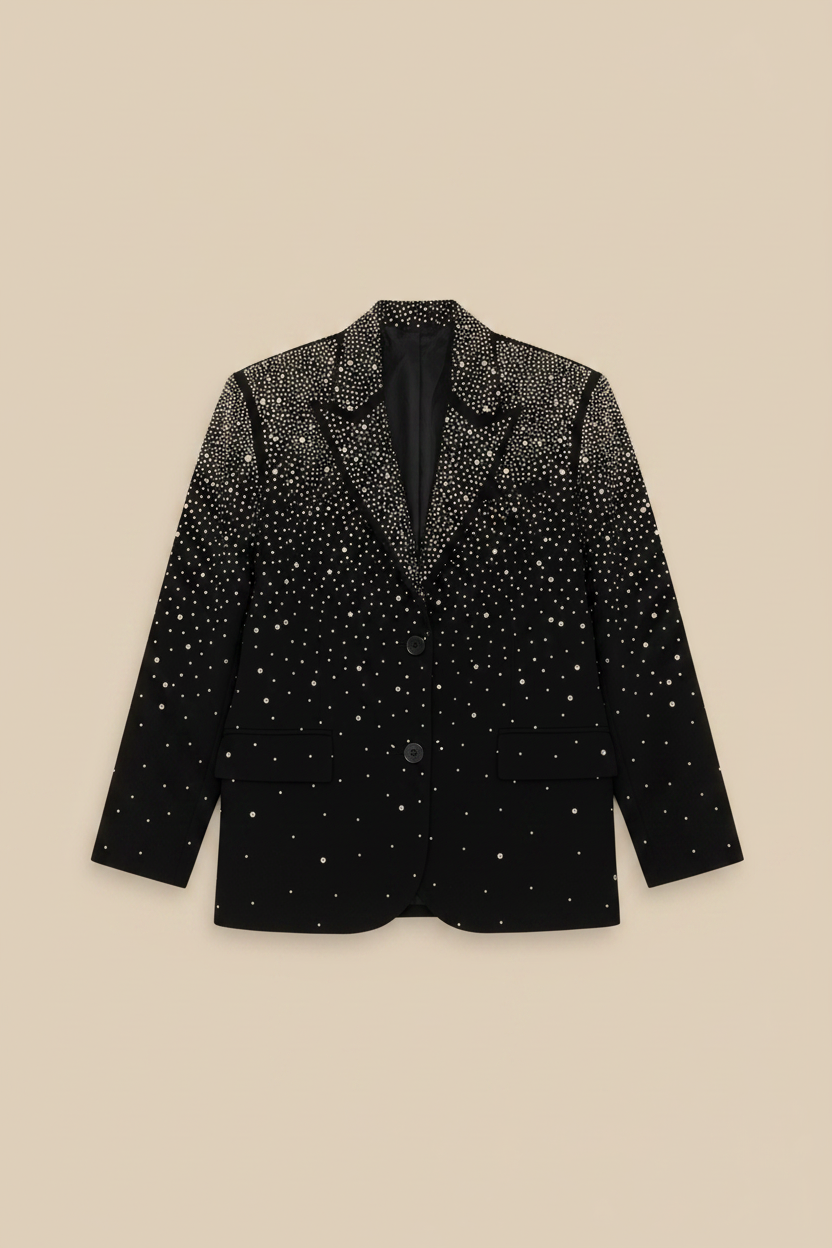 Women's Diamond Studded Black Blazer — Beige Background