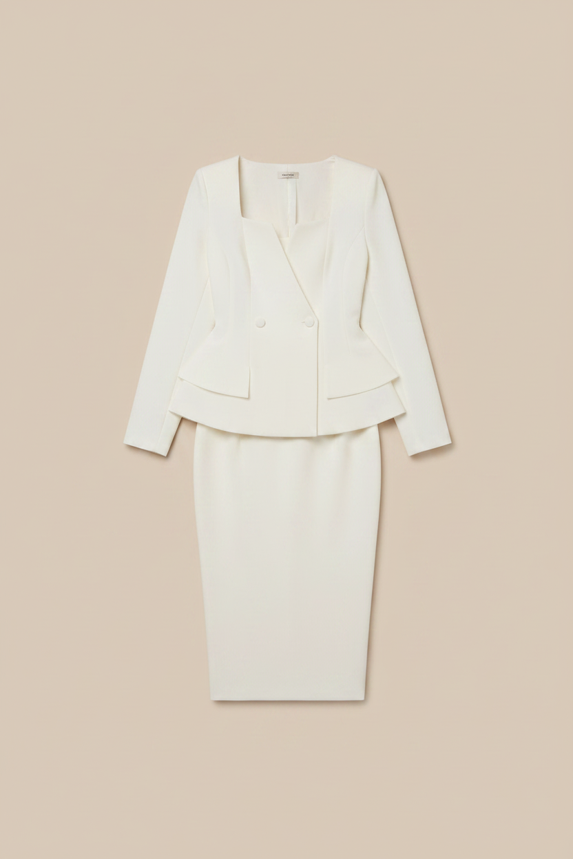 Women's Elegant Skirt & Jacket Set — Beige Background