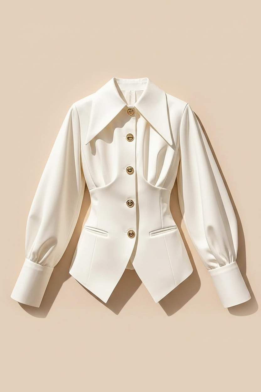 Women's French Puff Sleeve Blouse — Beige Background
