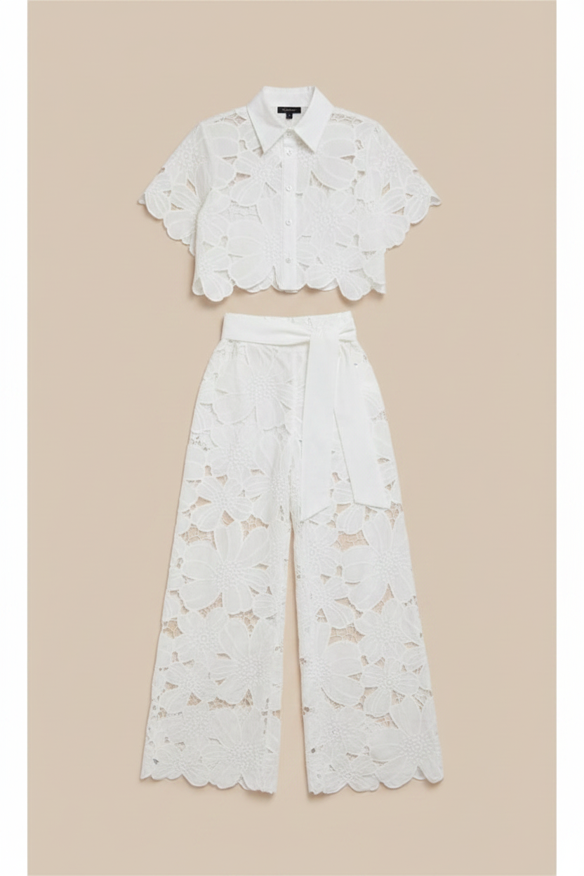 Women's Laced Shirt & Wide-Leg Pants Set — Beige Background