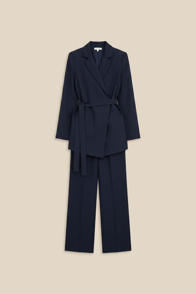 Women's Navy Blue Loose Blazer & Wide Leg Pants Set — Beige Background
