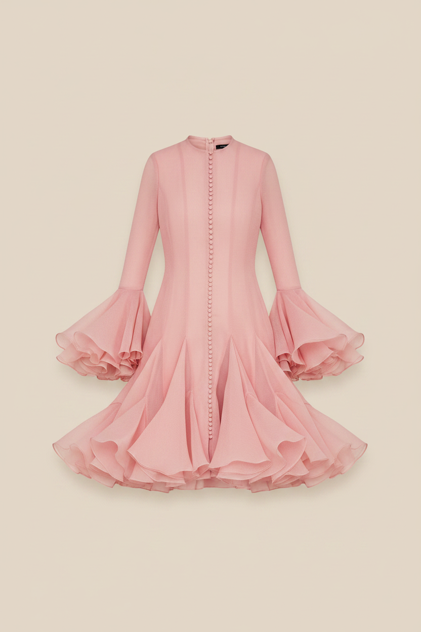 Women's Pink Ruffle Midi Dress — Beige Background