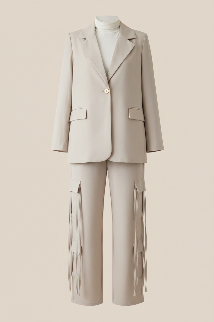Women's Ribbon Pocket Blazer Suit — Beige Background