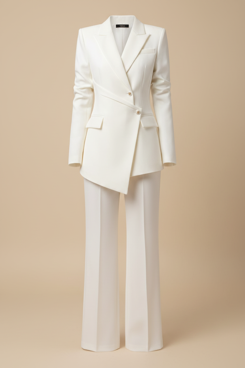 Women's White Blazer & Pants Set — Beige Background