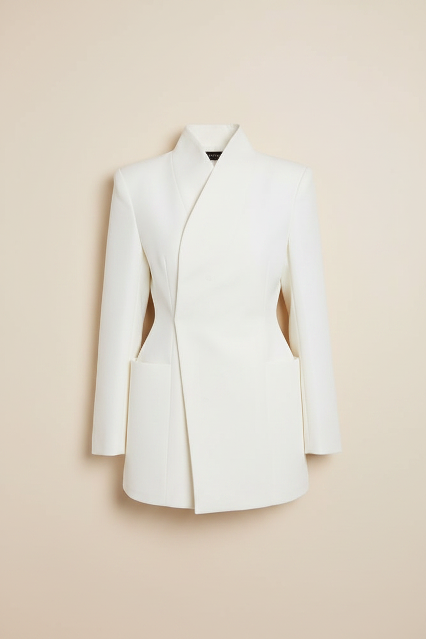 Women's White Stand Collar Blazer — Beige Background